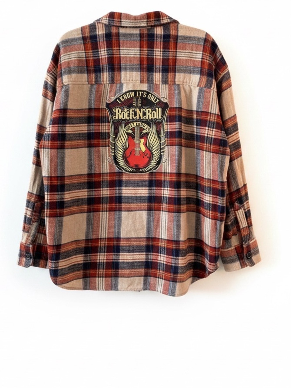 American Eagle XL Upcycled Plaid Rock N Roll Guitar Graphic Flannel